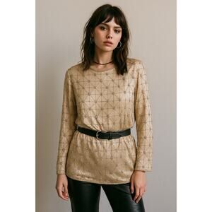 Vintage Cynthia Taylor Silk‎ Beaded Top Womens Large Champagne Grid Pattern FLAW